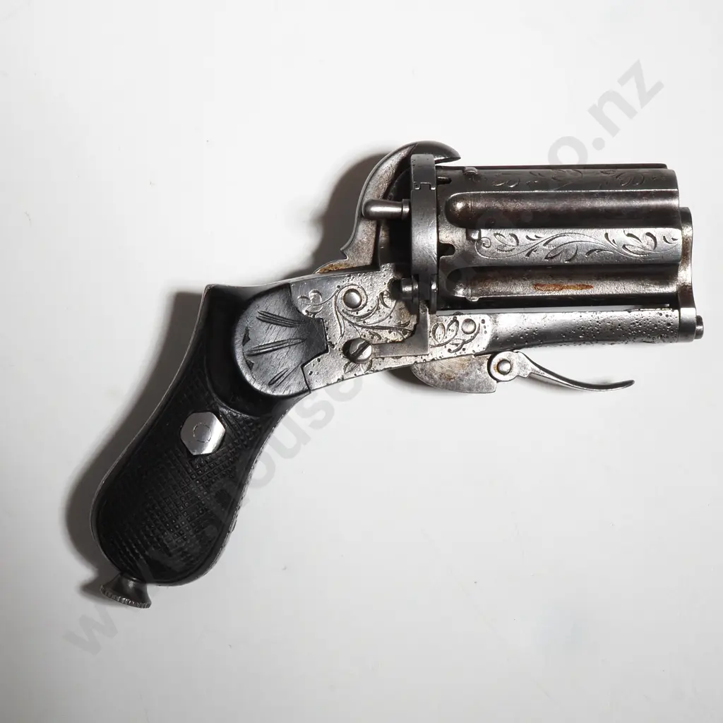 Antique Burr Walnut Cased Six Barrel Pin Fire Revolver w Folding Trigger & Accessories Image 1++
