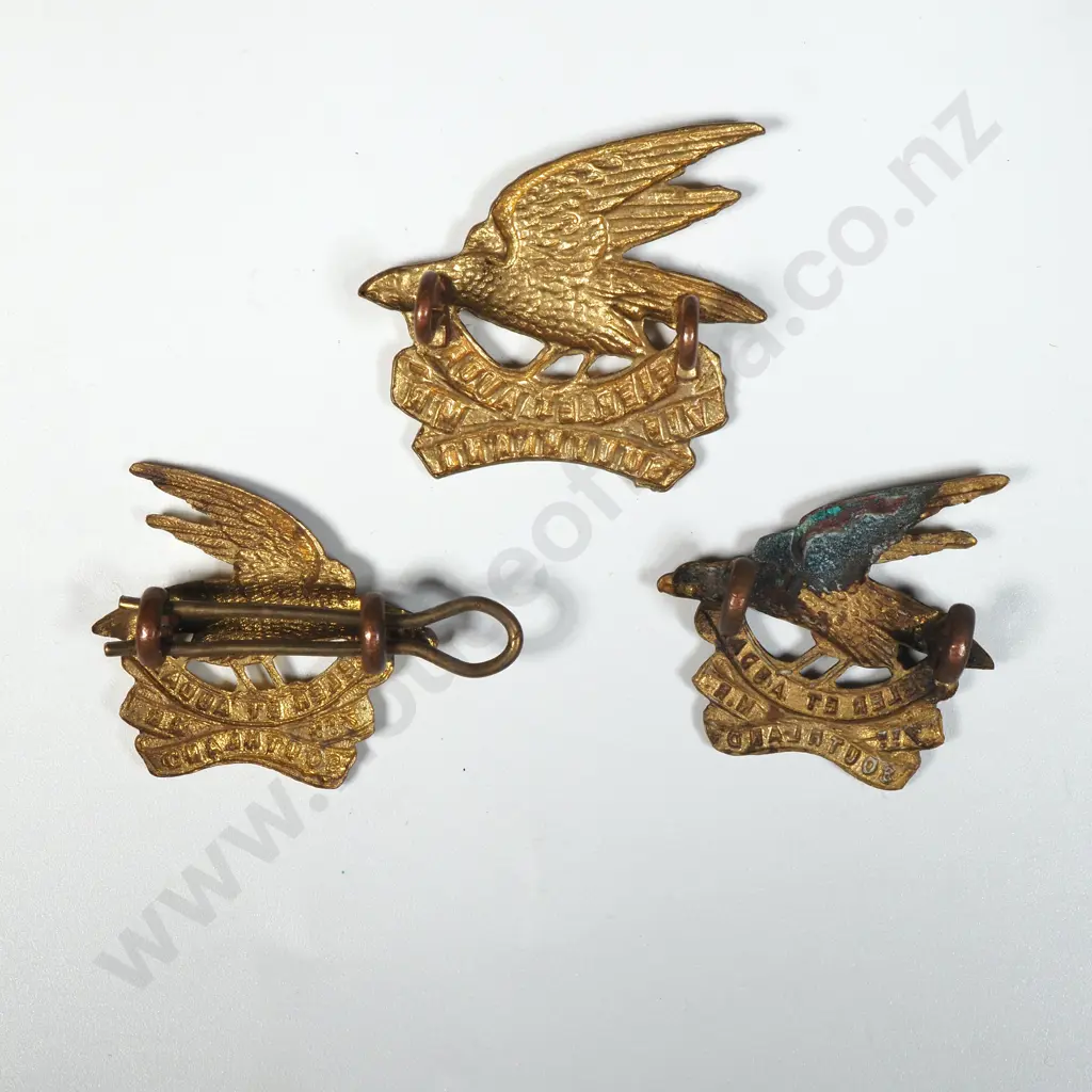 Pair of WW1 NZ 7th Southland Mounted Collar Badges & Cap Badge Image 1++