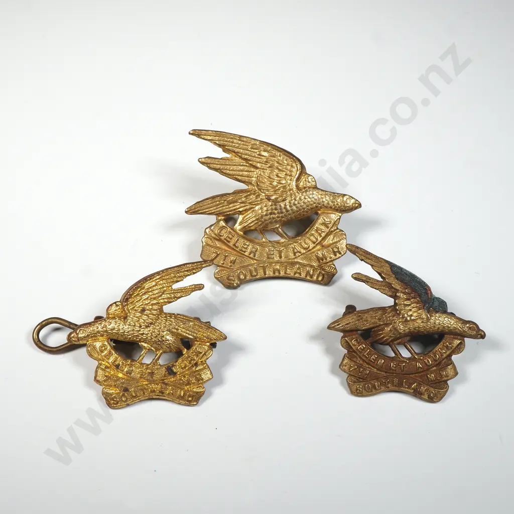 Pair of WW1 NZ 7th Southland Mounted Collar Badges & Cap Badge Image 1++