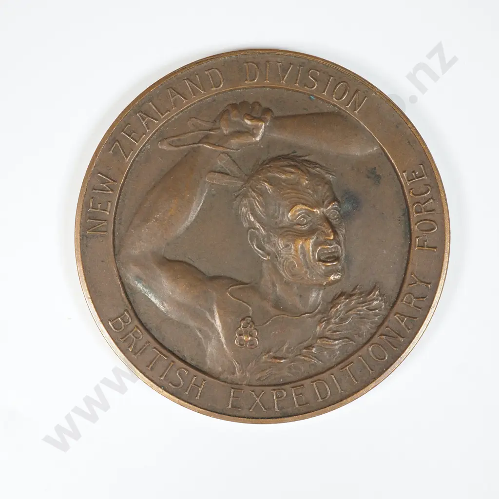 Bronze medal “NEW ZEALAND DIVISION / BRITISH EXPEDITIONARY FORCE”, engraved “MULE JUMPING / 3RD / DVR. E. H. GOODWIN / N.Z.D.A.C.”. C.1917. 45mm. It is listed in the Medallic Commemoratives of New Zealand 1865-1940 by Leon Morel as number B/1 Image 1++