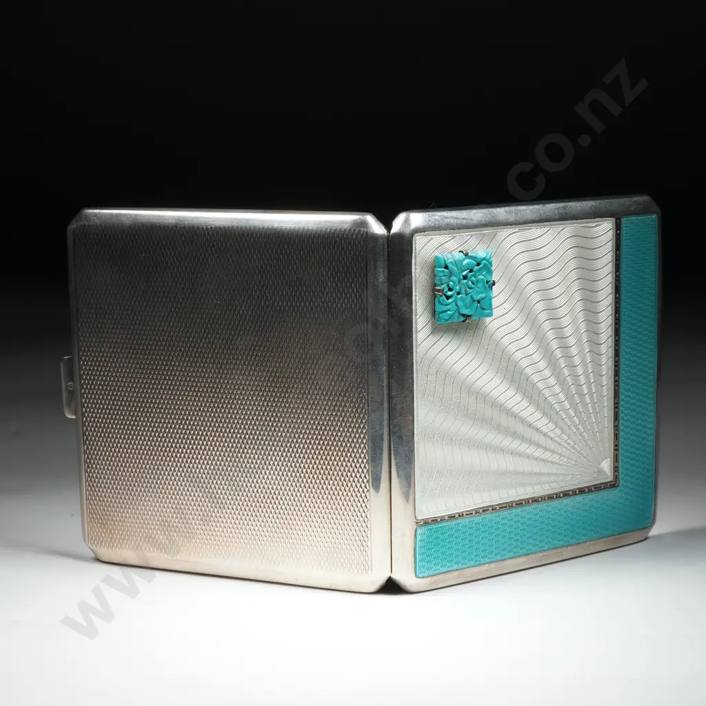 Art Deco Sterling SIlver & Guilloche Enamel Card / Cigarette Case - Radiating Design in Opalescent & Turquoise w Gilding Image 1++