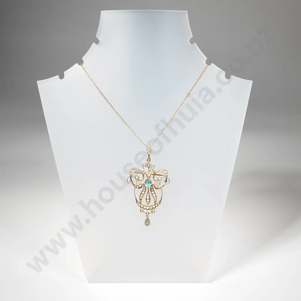 Exquisite Edwardian 9ct Gold Seed Pearl & Paste Stone Brooch / Pendant on Period 9ct Gold Chain Image 1++