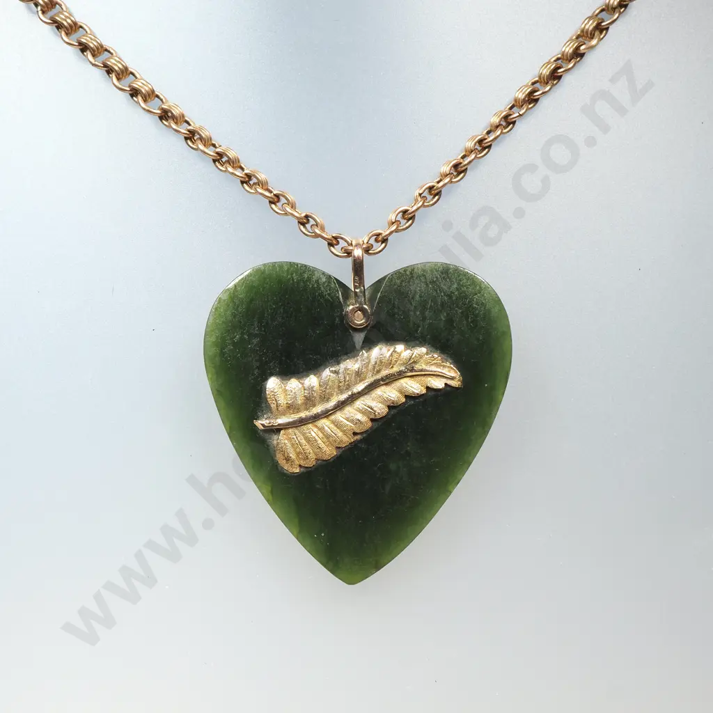 Colonial Greenstone Heart Pendant w Applied Fern on Antique Rolled Gold Chain Image 1++