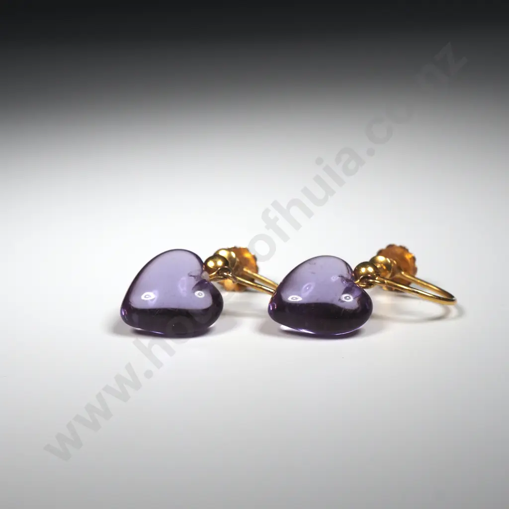 Antique 9ct Gold Heart Shaped Purple Stone Earrings Image 1++