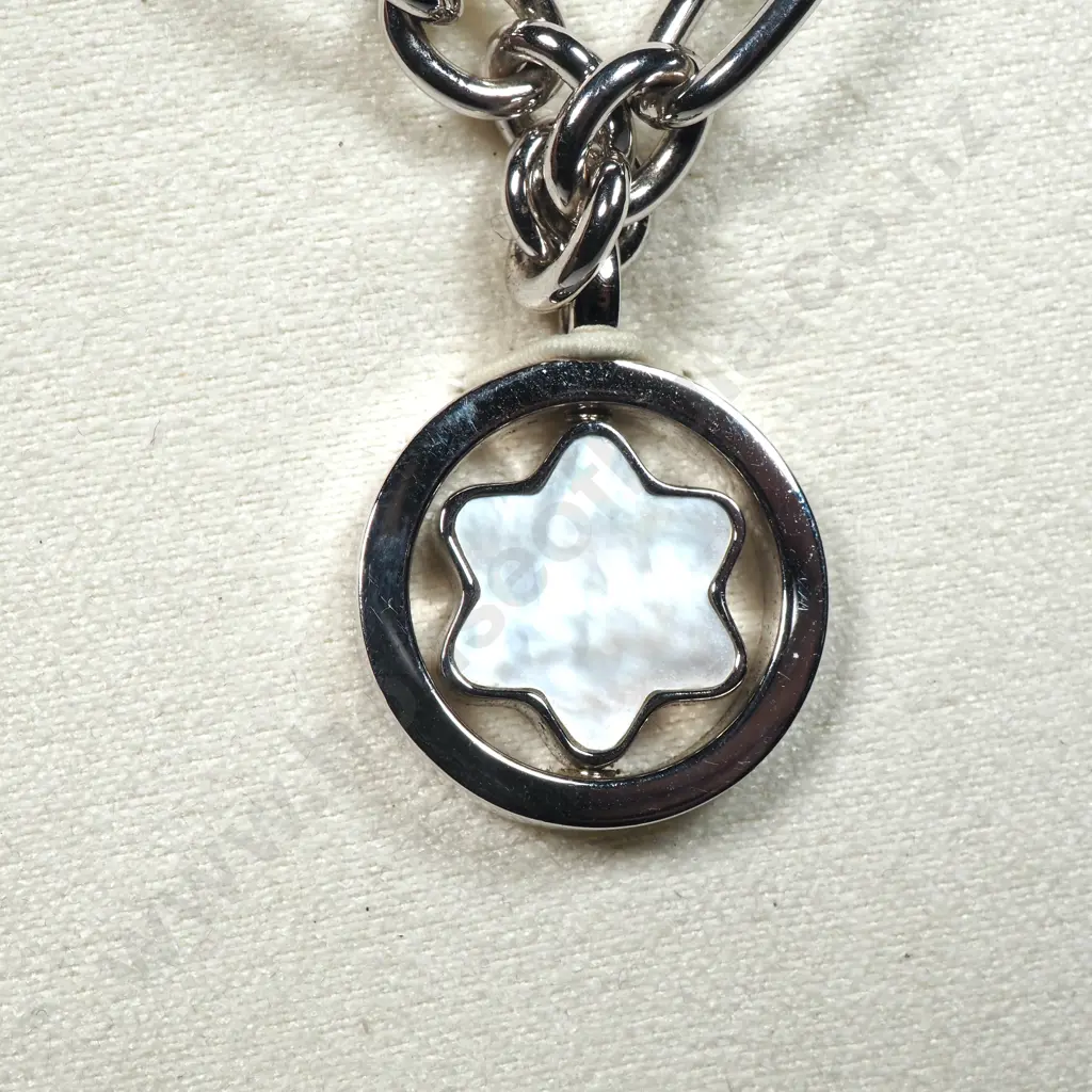 Cased Mont Blanc Sterling Silver Oval Star Chain Necklace w MOP Star Pendant 36644 w Booklet Image 1++