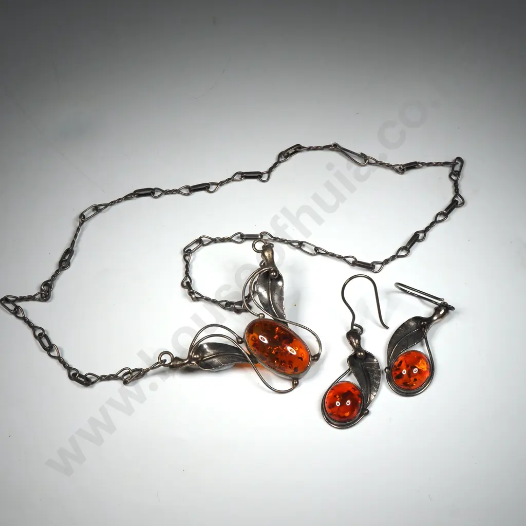 Vintage Sterling Silver Amber Set Necklace & Earrings Image 1++