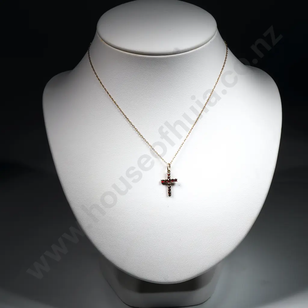 Vintage Gilt Garnet Set Cross & Chain Image 1++
