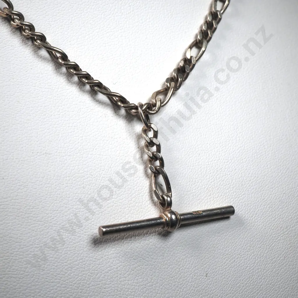 Sterling Silver Figaro Link Fob Watch Chain With T Bar Image 1++