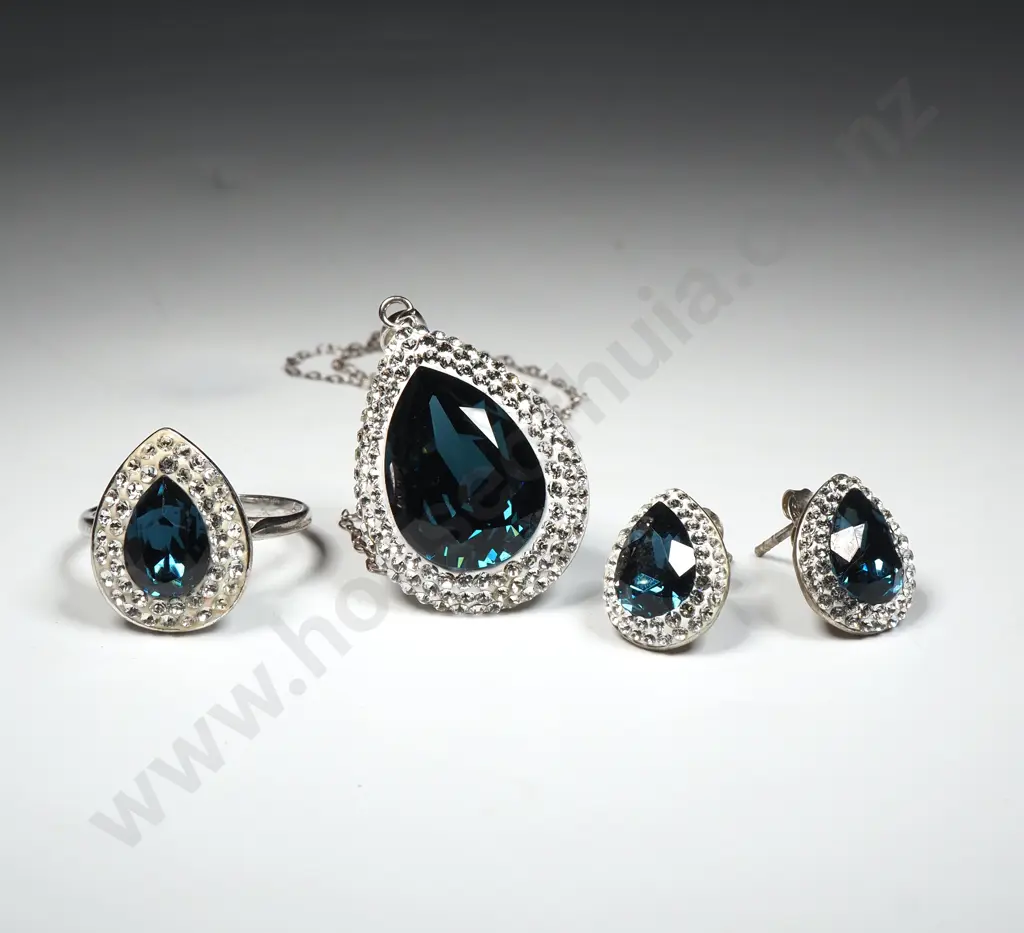 Modern Sterling Silver Blue Stone Pendant Earring & Ring Set Image 1++