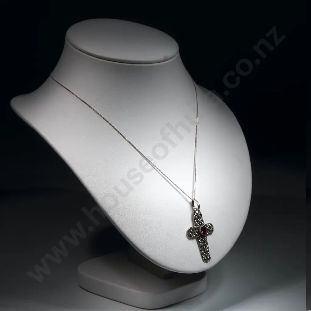 Sterling Silver Garnet Set Cross & Chain Image 1++
