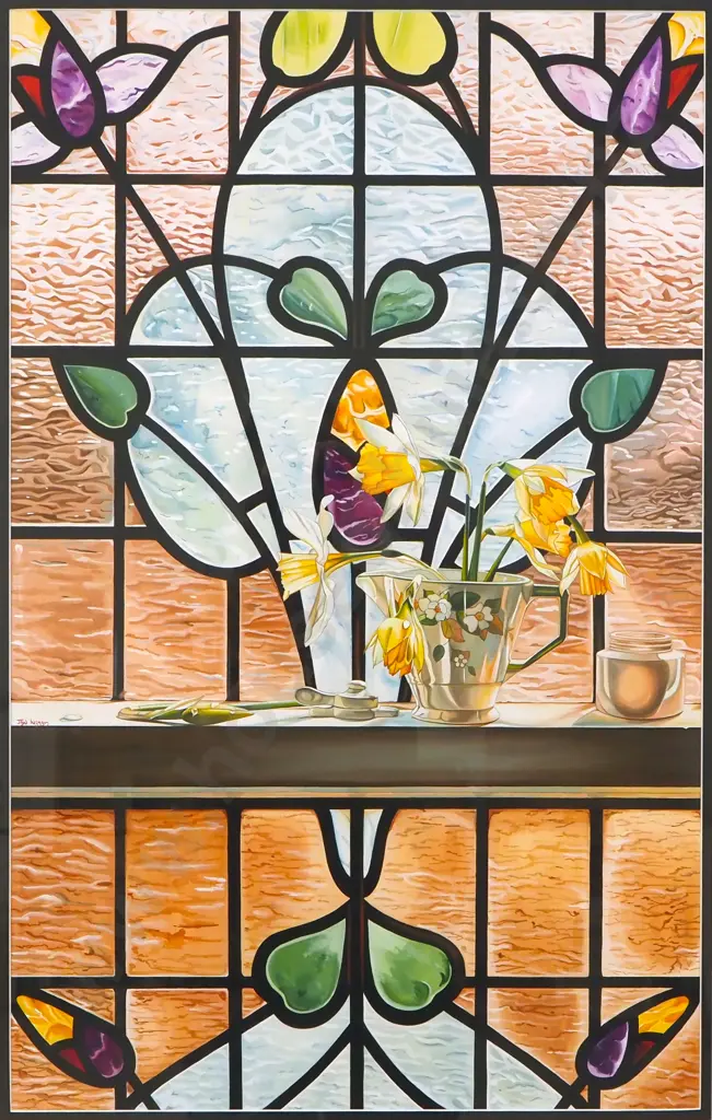 Jan Ingram - Stained Glass Window w Daffodils, Gouache Image 1++