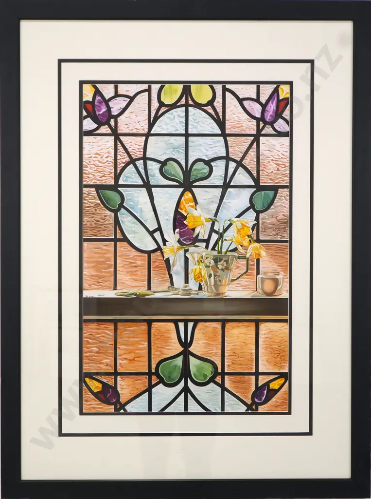 Jan Ingram - Stained Glass Window w Daffodils, Gouache Image 1++