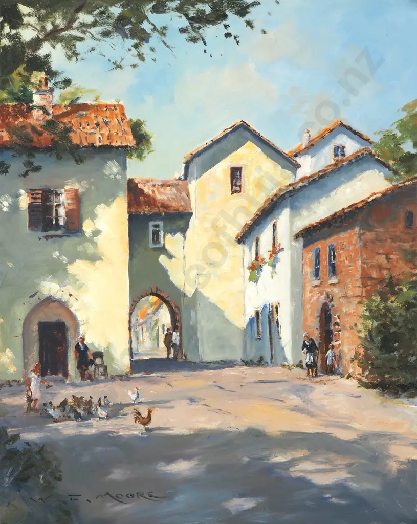 William Francis Moore - 'Village Square in High Provence, France', Oil on Canvas Image 1++