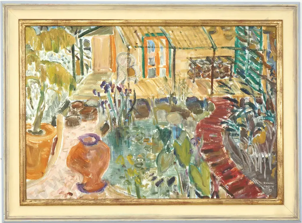 Richard Chrisp - Coromandel Cottage w Courtyard, Oil on Board (1995) Image 1++