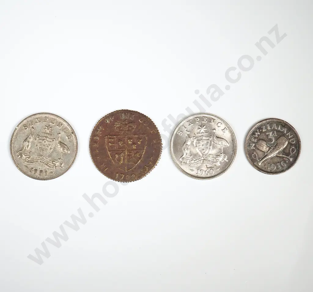 Four Antique Coins incl NZ Threepences & Georgian Gaming Token  Image 1++