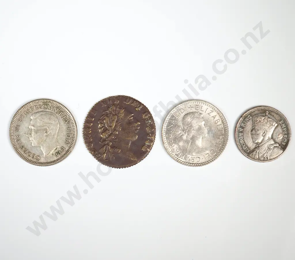 Four Antique Coins incl NZ Threepences & Georgian Gaming Token  Image 1++