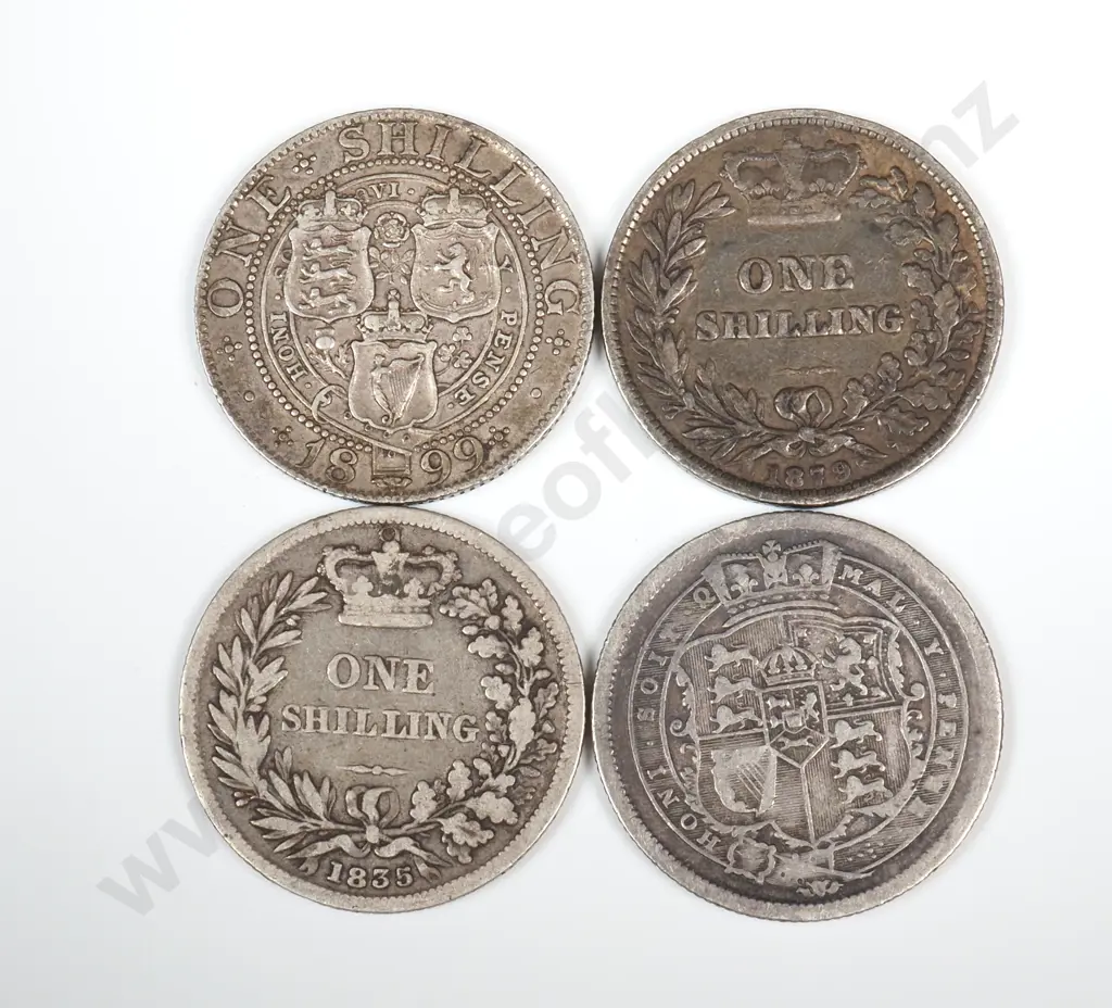 United Kingdom Silver Shillings - 1816 / 1835 / 1879 / 1899 Image 1++