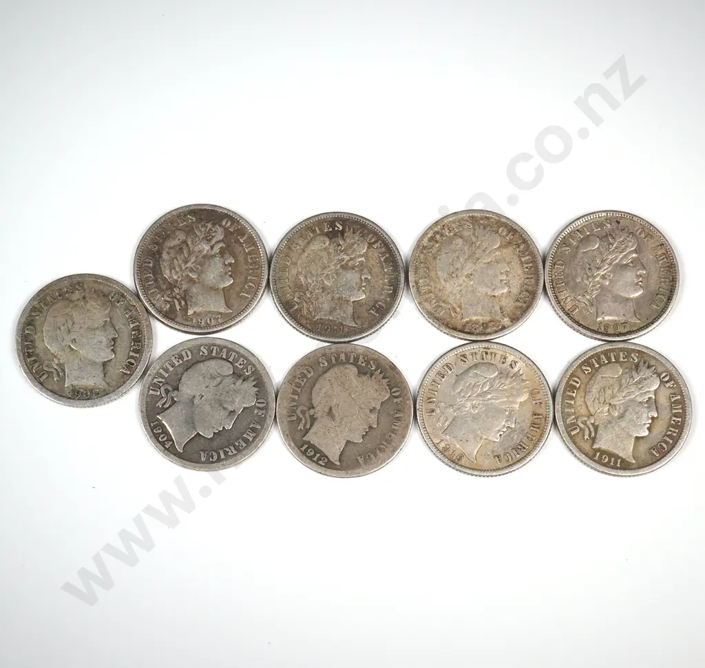 Nine United States of America Silver Barber Dimes  Image 1++