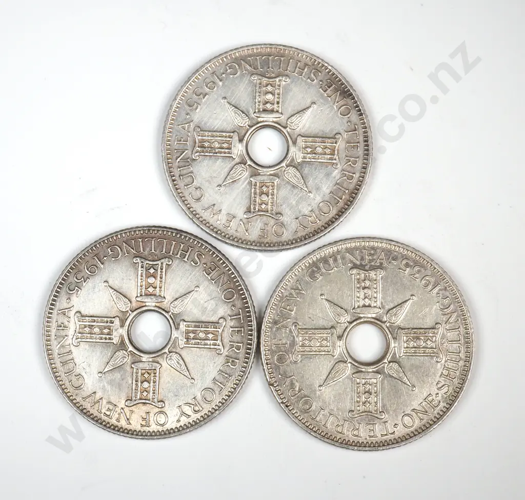 Three 1935 Territory of New Guinea One Shilling Coins  - Better Grades  Image 1++