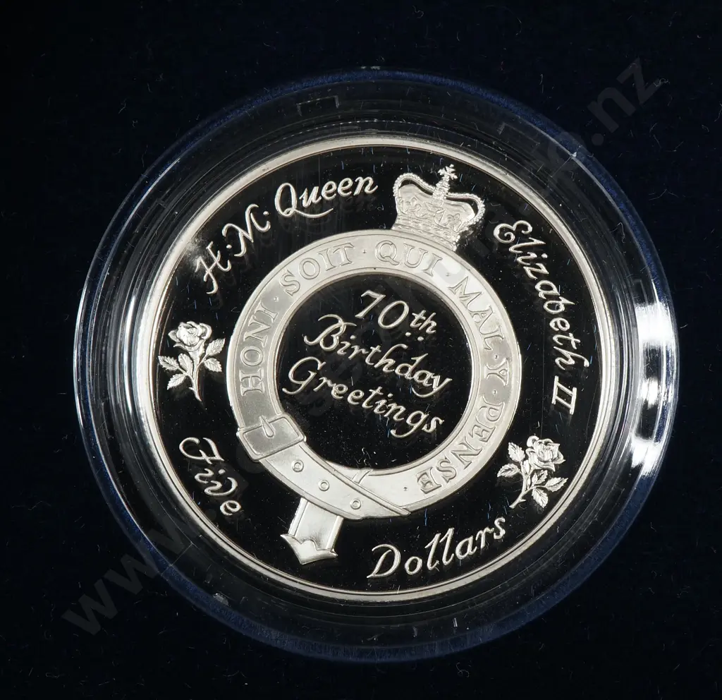 1996 New Zealand Queen Elizabeth 70th Birthday Greetings Coin One Ounce Silver Image 1++