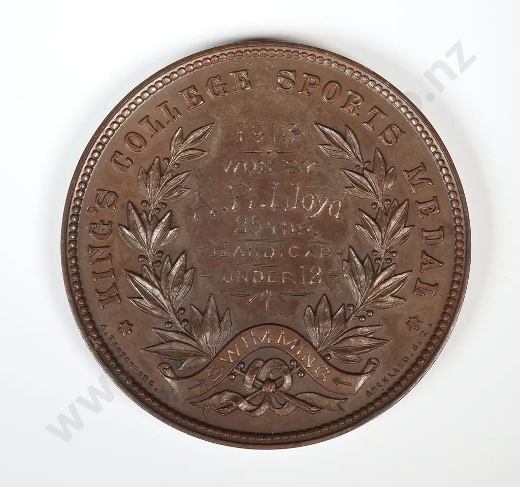 Antique bronze medal “KING’S COLLEGE SPORTS MEDAL”, engraved “1913 / WON BY / A. R. LLOYD / 25 YDS . HANDICAP / UNDER 12 / SWIMMING”, 50mm Image 1++