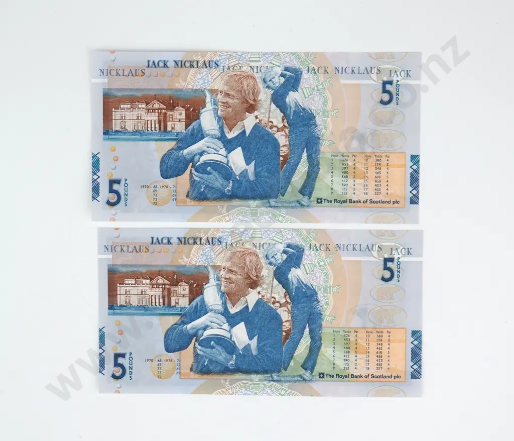Consecutive Pair of Royal Bank of Scotland Five Pound Banknotes - Jack Nicklaus Commemoratives  Image 1++