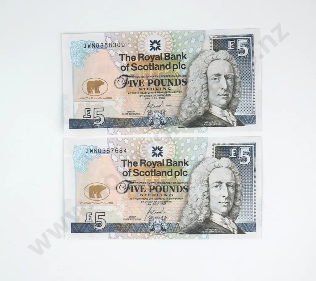Consecutive Pair of Royal Bank of Scotland Five Pound Banknotes - Jack Nicklaus Commemoratives  Image 1++