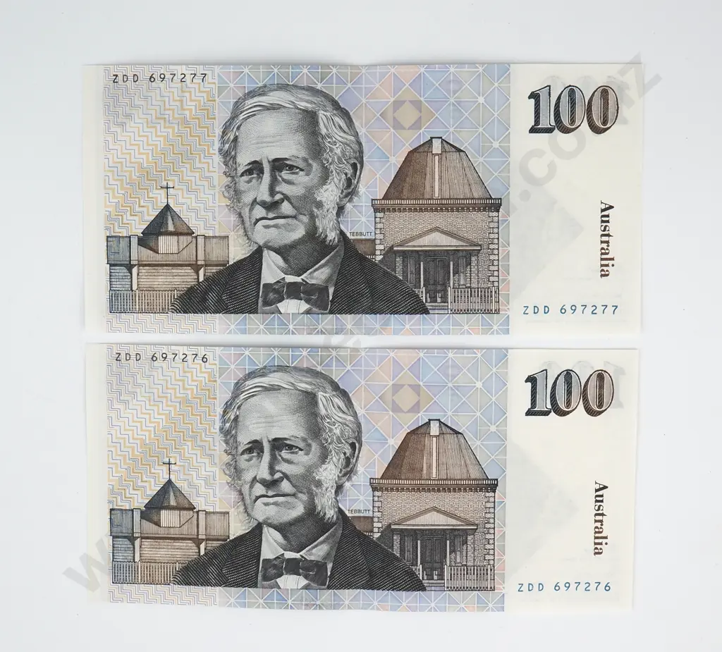 Consecutive Pair of Australian 100 Dollar Banknotes - ZDD Prefix - AUNC w Centre Crease  Image 1++