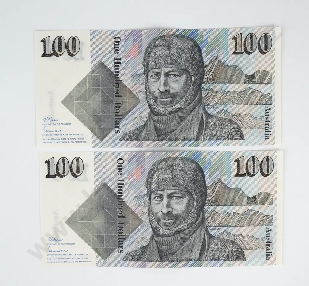 Consecutive Pair of Australian 100 Dollar Banknotes - ZDD Prefix - AUNC w Centre Crease  Image 1++