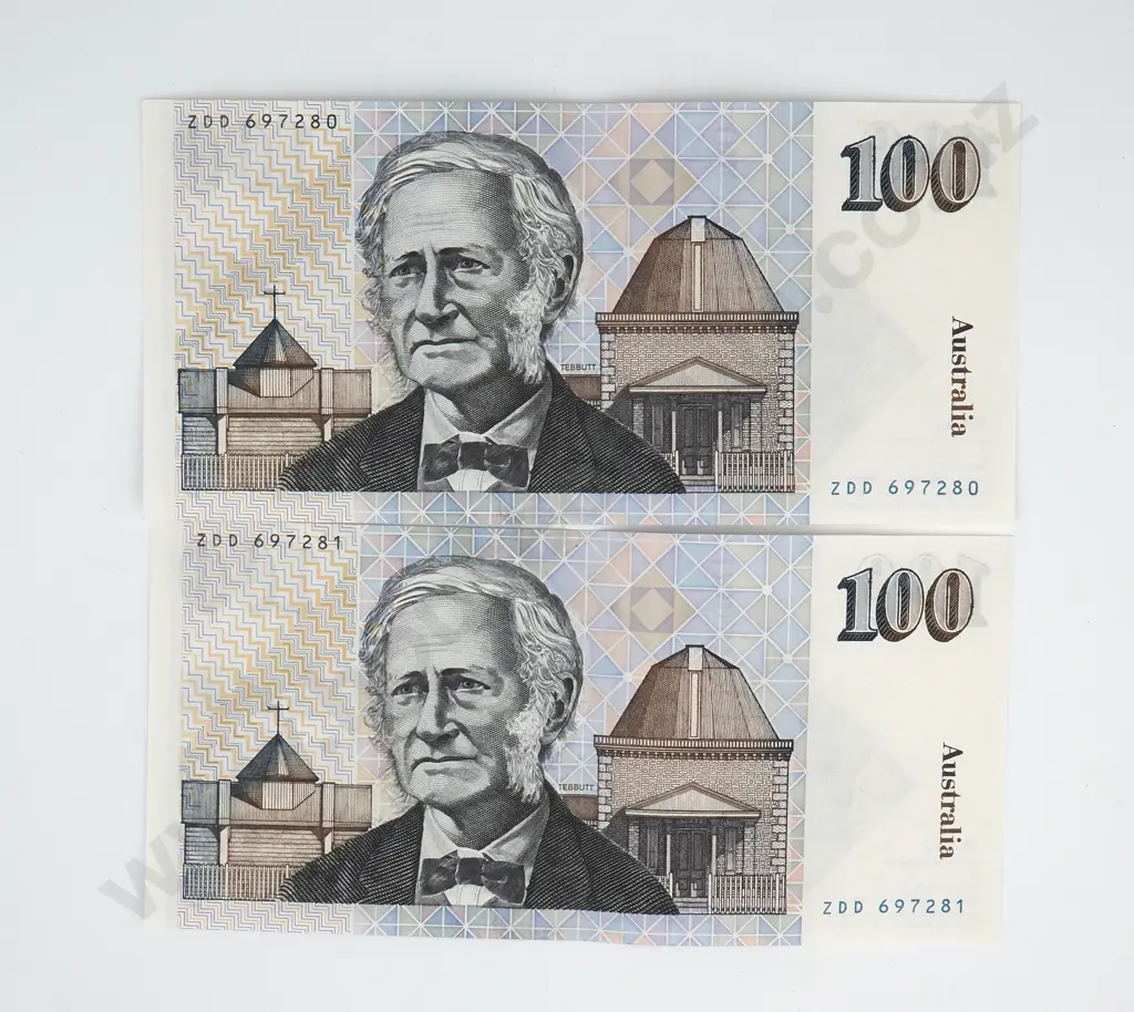 Consecutive Pair of Australian 100 Dollar Banknotes - ZDD Prefix - AUNC w Centre Crease  Image 1++