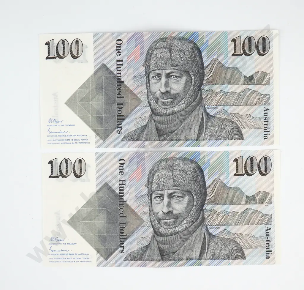Consecutive Pair of Australian 100 Dollar Banknotes - ZDD Prefix - AUNC w Centre Crease  Image 1++