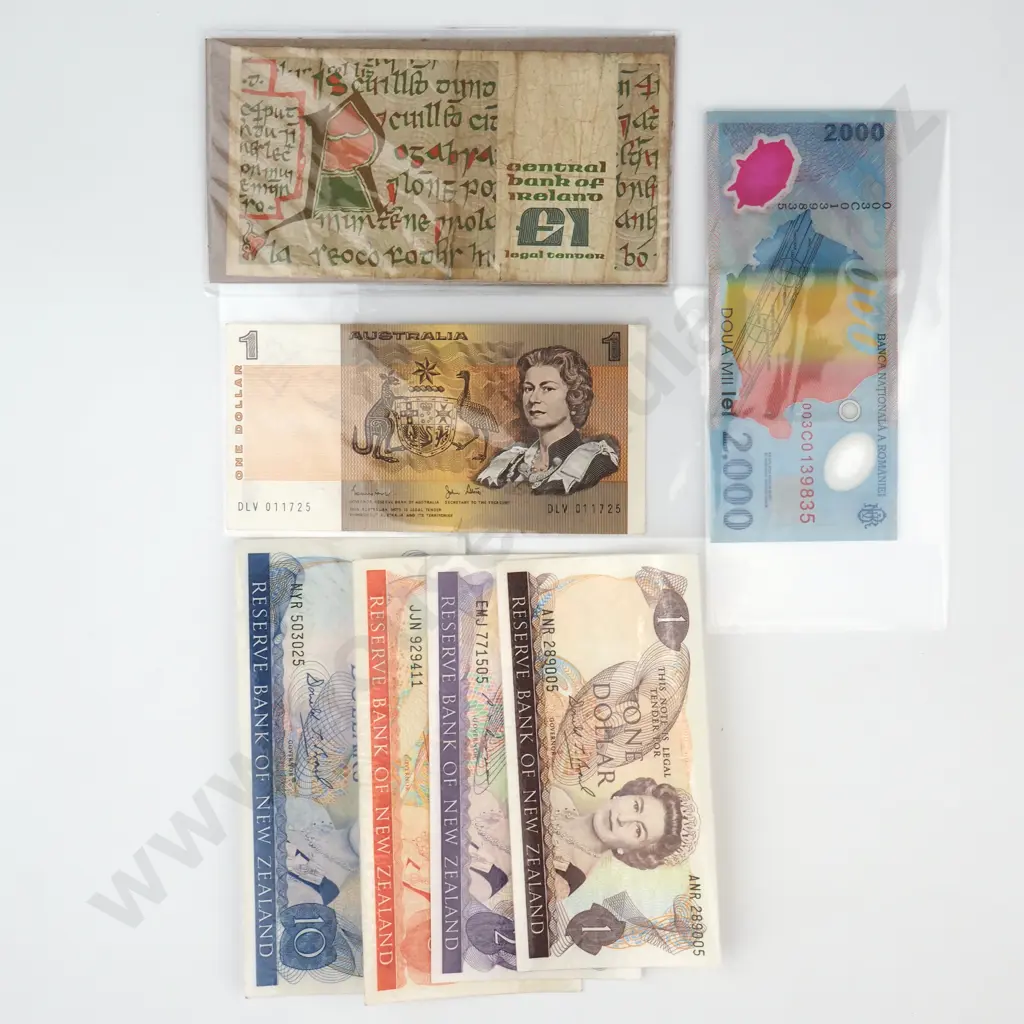Assorted Banknotes incl New Zealand Laminated $1,$2,$5,$10 - Australia $1 - Ireland 1 Puond & Romania  Image 1++