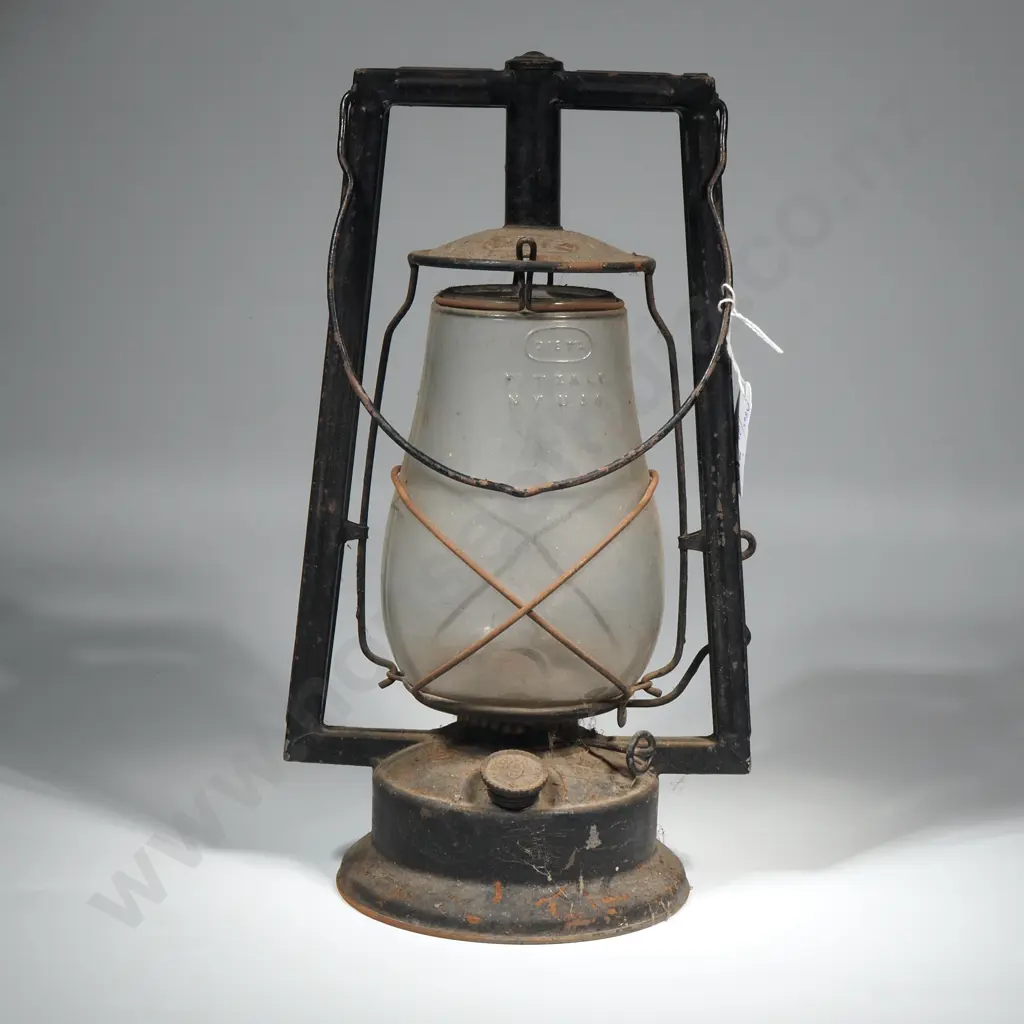 Antique Dietz Oil Lantern w Swing Handle & Original Fitzall Clear Glass Hurricane Shade Image 1++