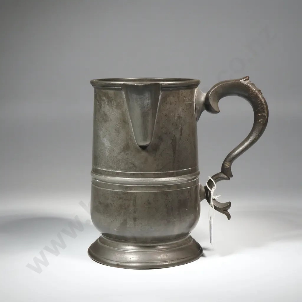 Early Victorian Pewter Quart Jug w Spout & C-Scroll Handle Image 1++