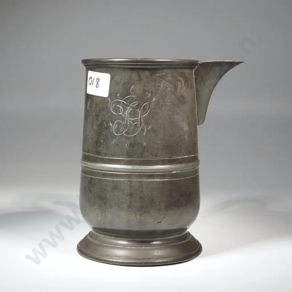 Early Victorian Pewter Quart Jug w Spout & C-Scroll Handle Image 1++
