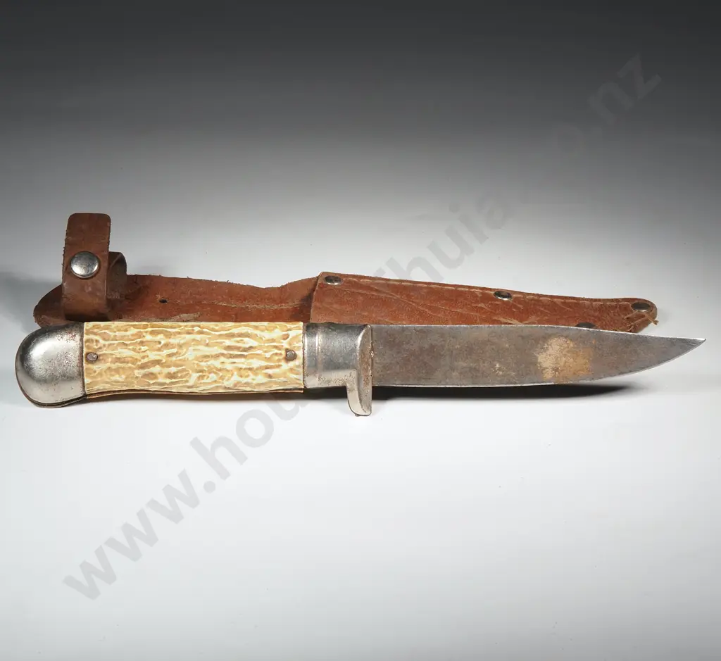 Sheath Knife w Stag Antler Handle  & Leather Sheath Image 1++