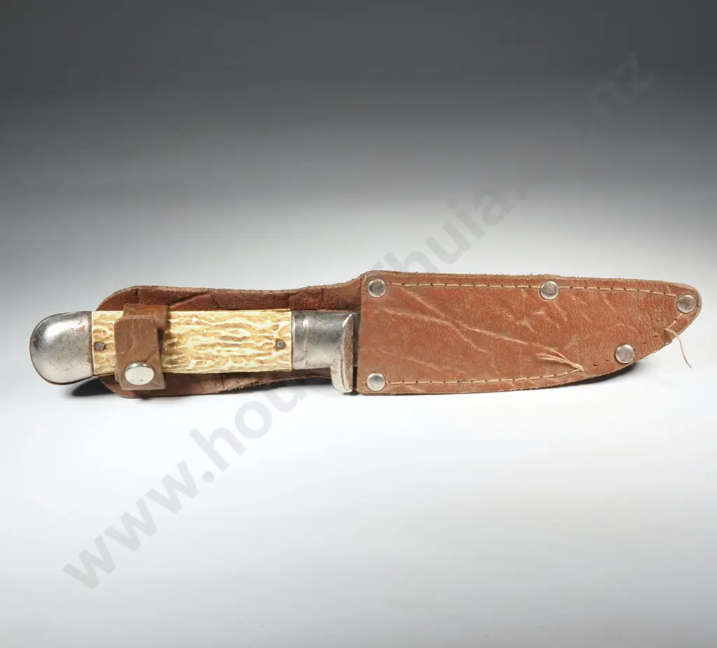 Sheath Knife w Stag Antler Handle  & Leather Sheath Image 1++