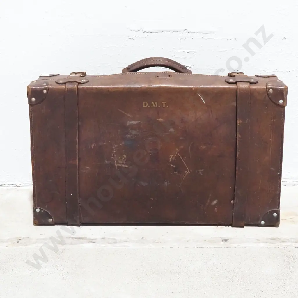 Antique Brown Leather Suitcase Image 1++