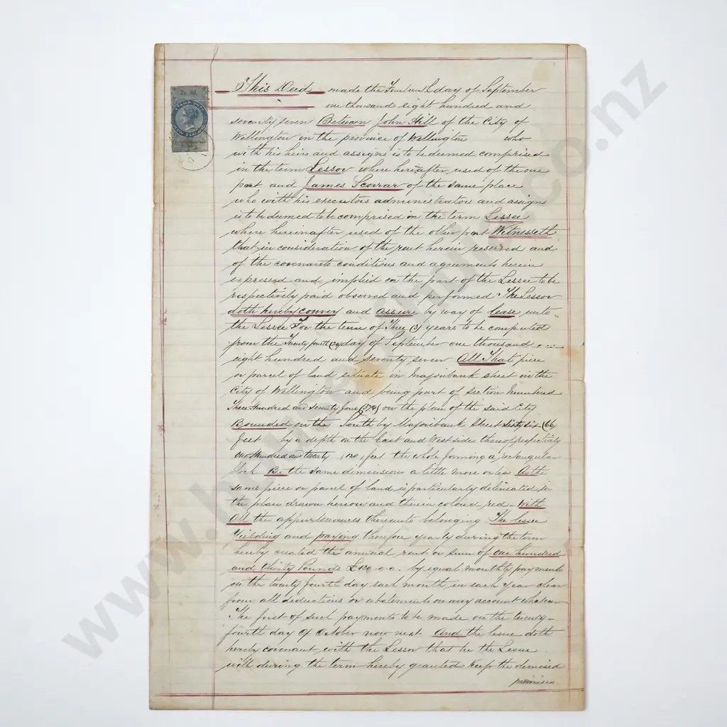 Deed - Wellington New Zealand - 1877 Image 1++
