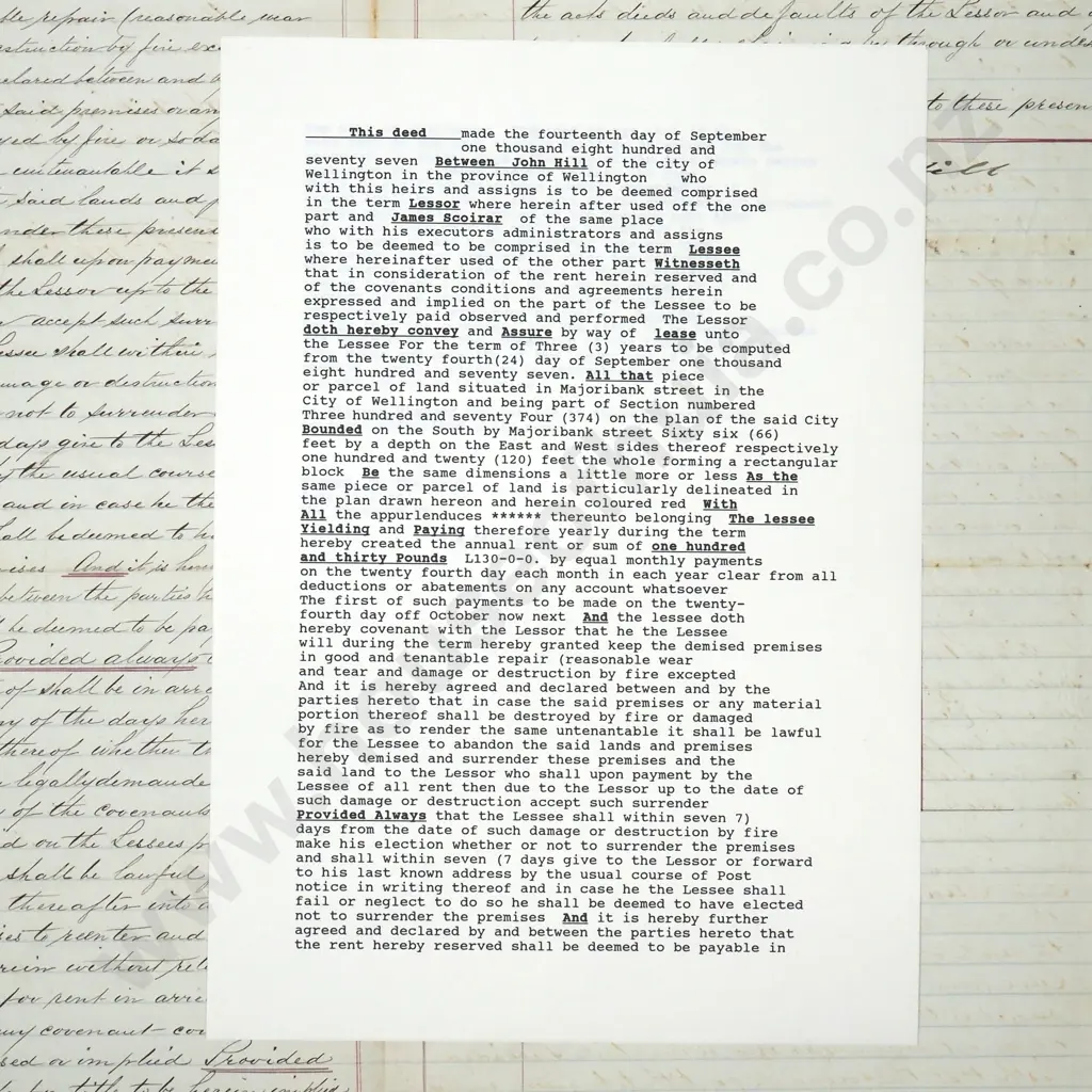 Deed - Wellington New Zealand - 1877 Image 1++