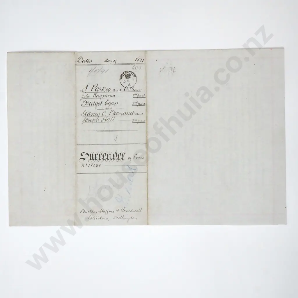 Deed - Wellington New Zealand - 1891 Image 1++