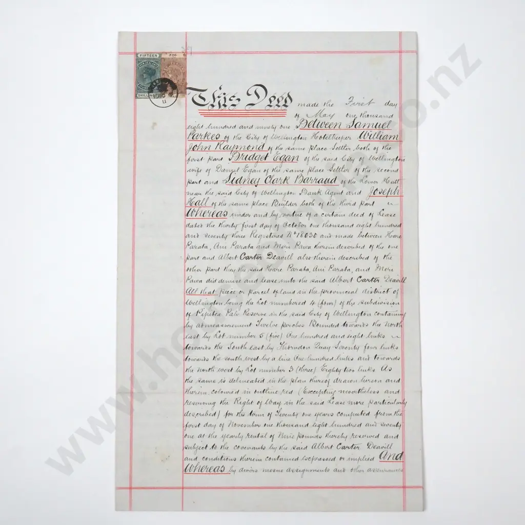 Deed - Wellington New Zealand - 1891 Image 1++