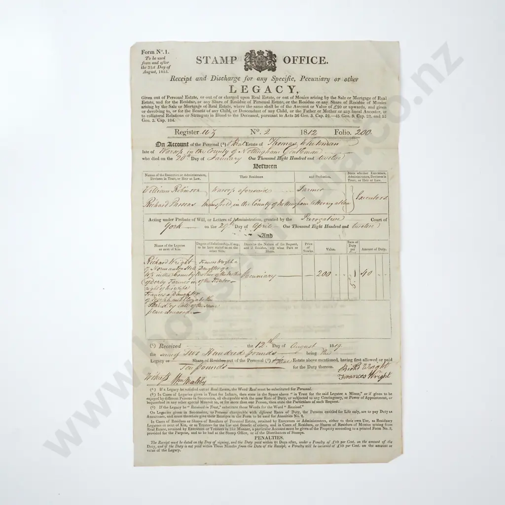 Legacy Death Duties - County of Nottingham - 1812 Image 1++