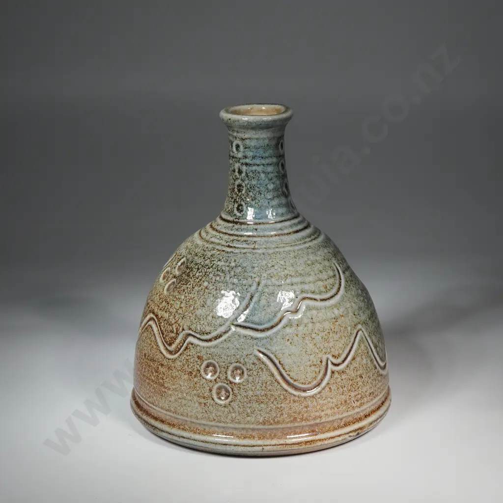 Pottery Vase w Speckled Glaze in Green & Brown w Incised Lines & Dots Image 1++