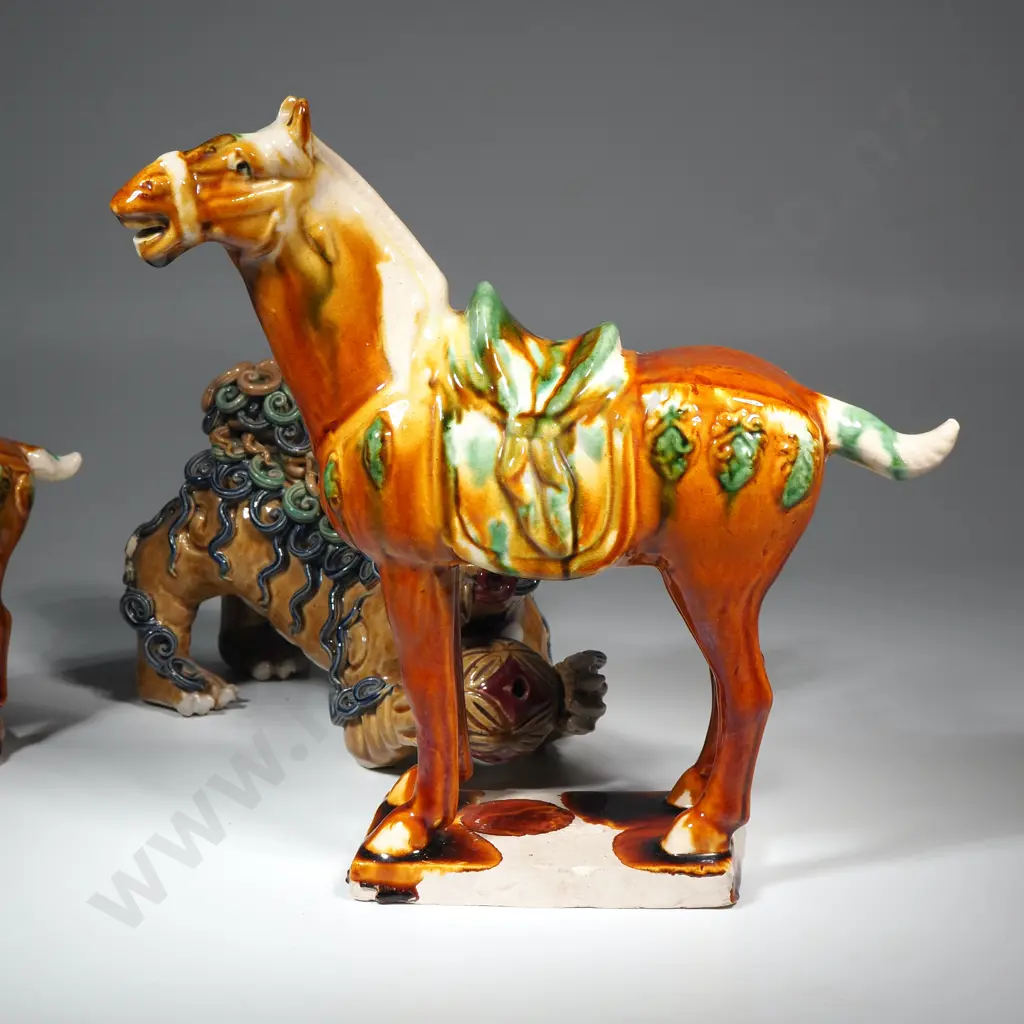 Large Majolica Glazed Foo Dog & Two Tang Horses Image 1++