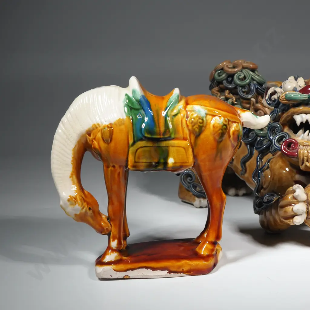 Large Majolica Glazed Foo Dog & Two Tang Horses Image 1++
