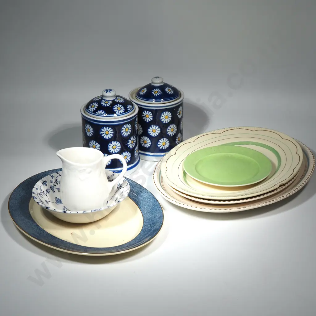 Four Vintage Ashets, Two Blue & White Lidded Canisters & a White Milk Jug Image 1++