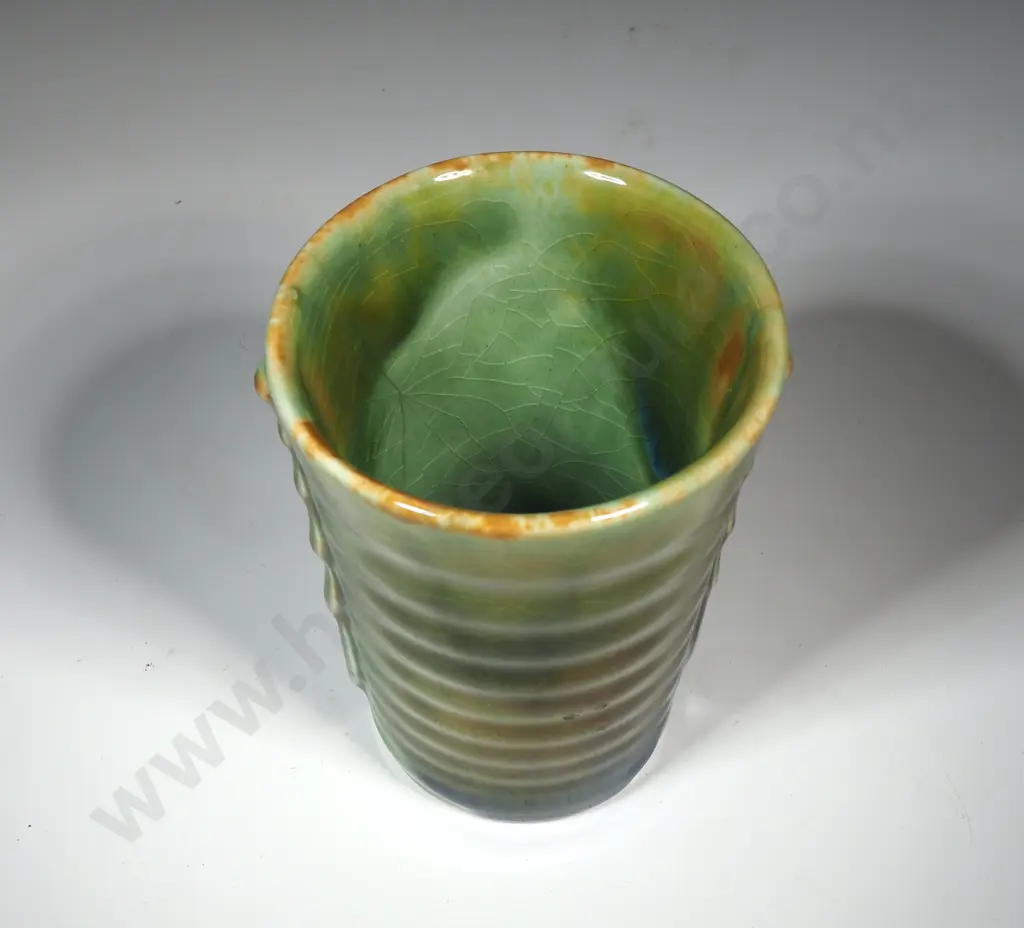 Crown Lynn Green Brown Glazed  Miniature Vase w Applied Leaf Motif Image 1++