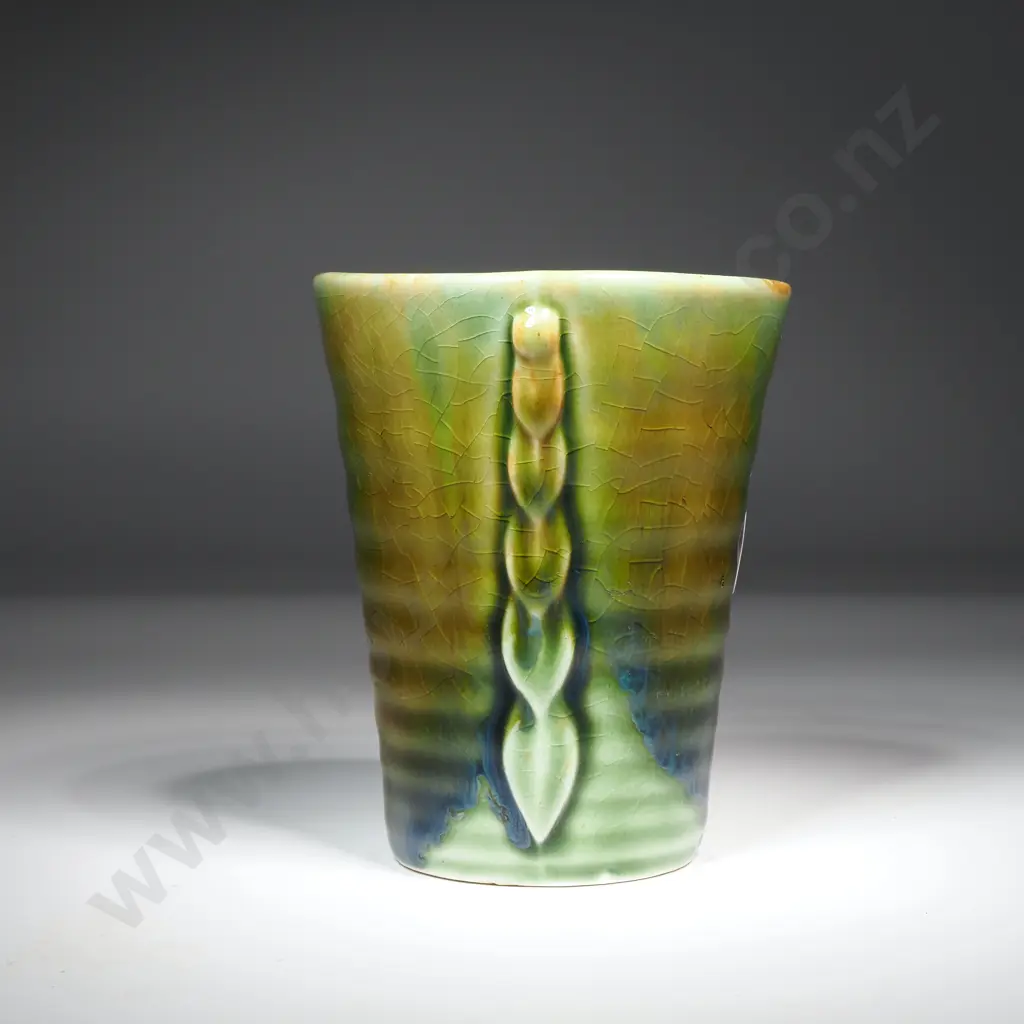 Crown Lynn Green Brown Glazed  Miniature Vase w Applied Leaf Motif Image 1++