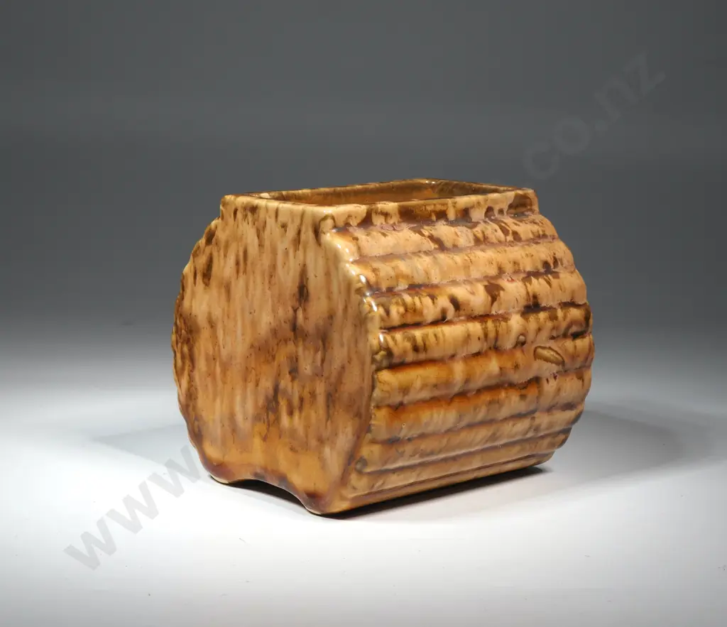 Crown Lynn (Ambrico) Ribbed Trough Vase w Brown Trickle Glaze Image 1++